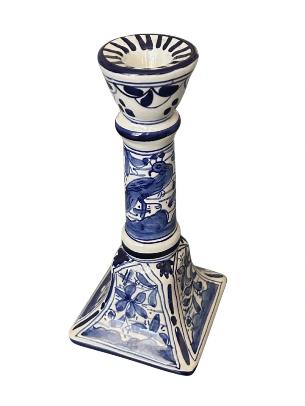 Hand Painted Peacock Ceramic Candlestick Holder | Made in Portugal | Blue/White